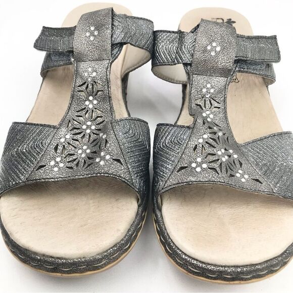 Rieker Silver Metallic Laser Cut Rhinestone MemoSoft Antistress Slide Sandals - Picture 6 of 16